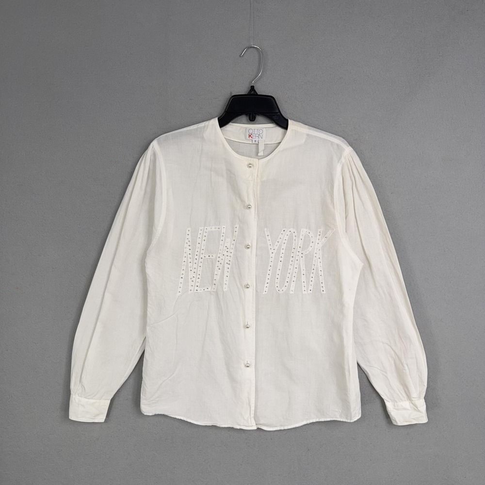 Vintage Otto Kern Shirt Womens 2 White Cotton Linen New York Rhinestone Top